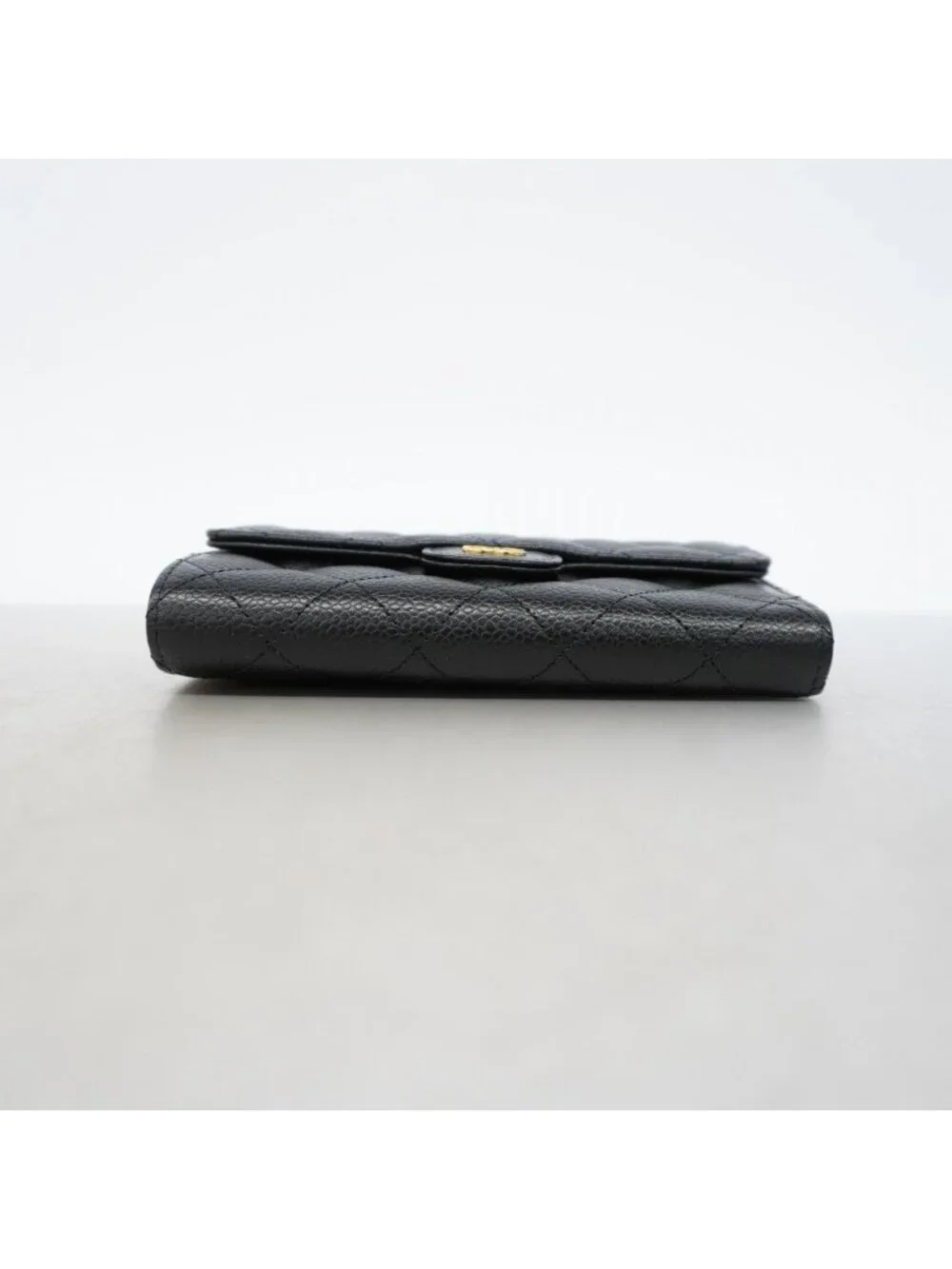 Chanel Trifold Wallet Quilted Caviar Leather Black Gold